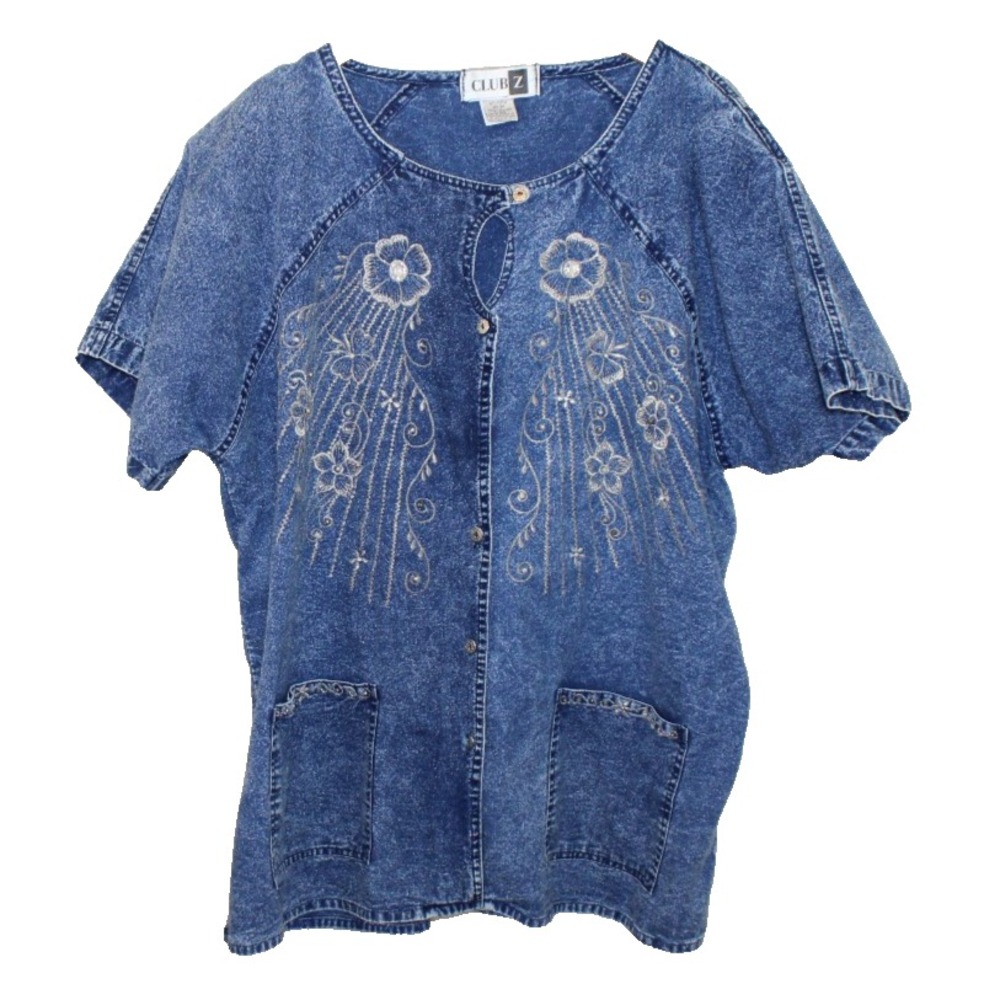 VTG Club Z embroidered beaded blue denim top plus size 22-24 embellished 1980s